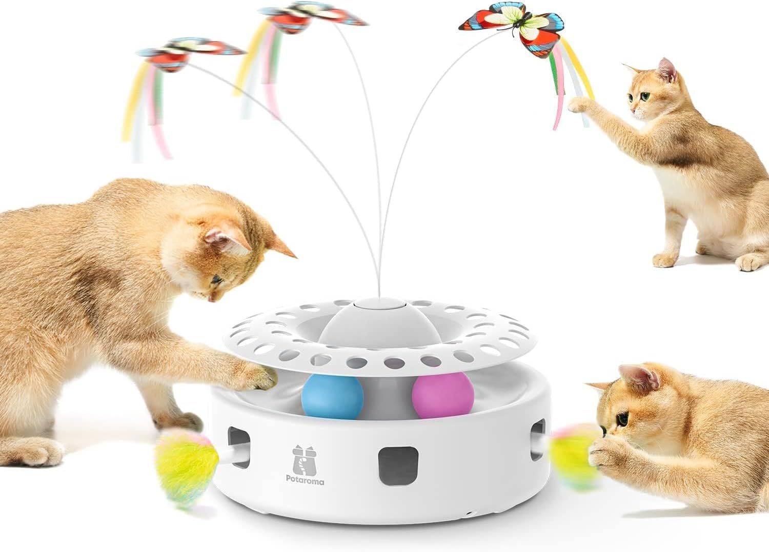 61jYFC7hrFL._AC_SL1500_ Potaroma Cat Toys 3in1 Automatic Interactive Kitten Toy, Fluttering Butterfly, Moving Feather, Track Balls, Dual Power Supplies, USB Powered, Indoor Exercise Kicker (Bright White) - Image 1