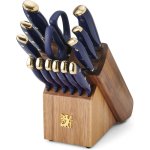 Sabatier 14-Piece Forged Triple Rivet Knife Set with Acacia Block, Navy with Gold, High-Carbon Stainless Steel Blades for Precision Cutting