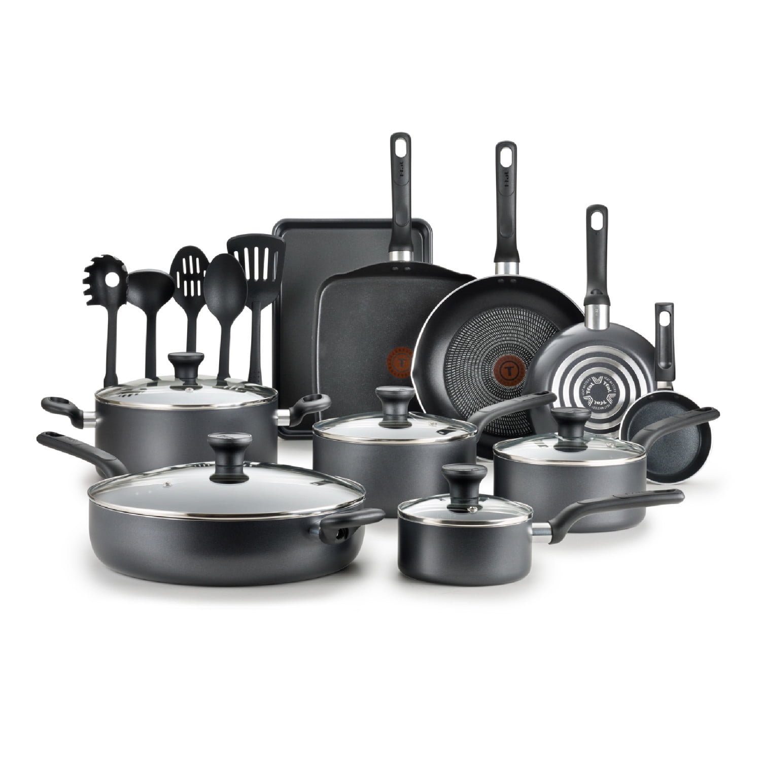T-fal-Easy-Care-20-Piece-Non-Stick-Pots T-fal Easy Care, 20 Piece Non-Stick Pots and Pans Cookware Set, Grey - Image 1